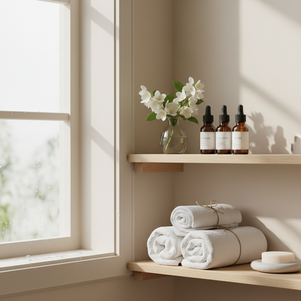 Bathroom shelf with fresh jasmine blossoms, essential oil bottles, and white cotton towels in morning light