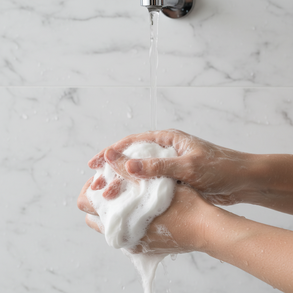 Close-up of hands lathering creamy white wash under running water in modern marble shower