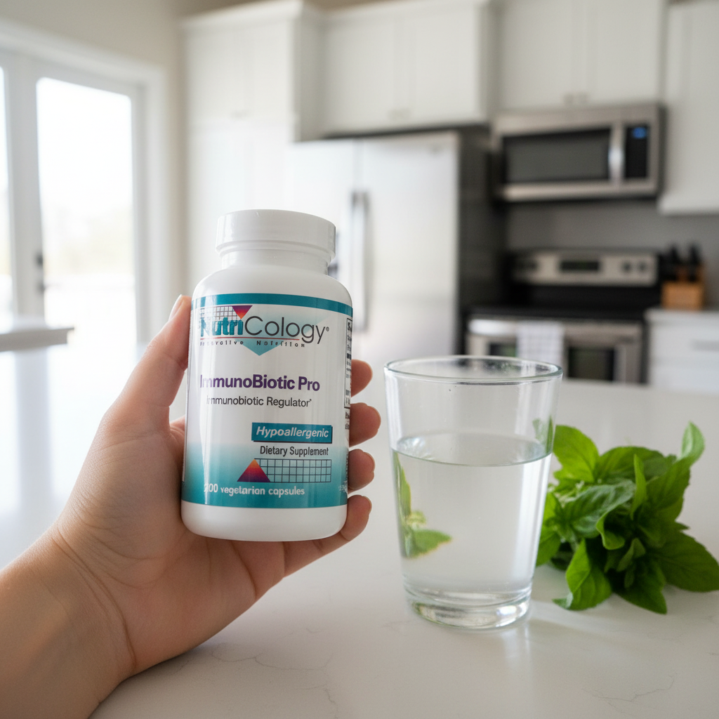 Person holding NutriCology ImmunoBiotic Pro in kitchen with fresh herbs and water – More4less Outlet