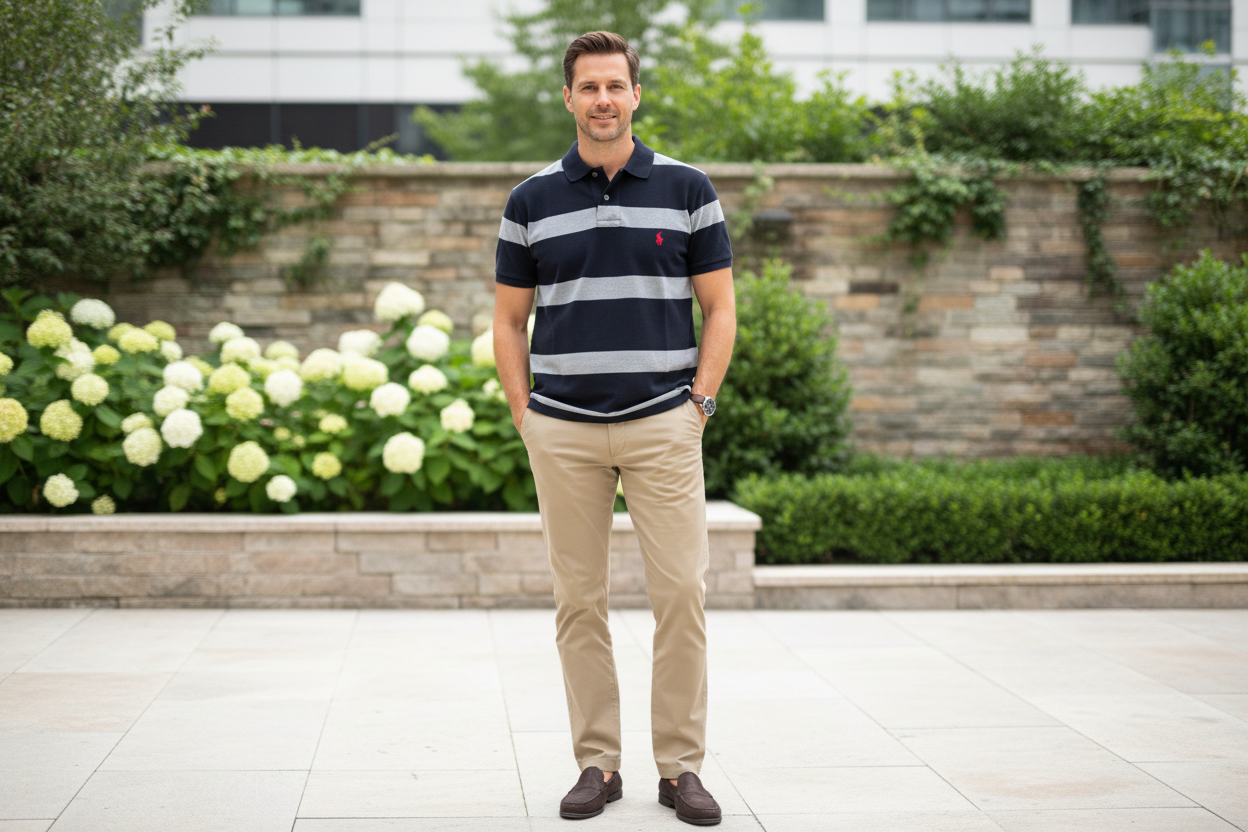 Polo Ralph Lauren Custom Fit black grey striped polo shirt XS worn by man in smart-casual outdoor setting – More4less Outlet
