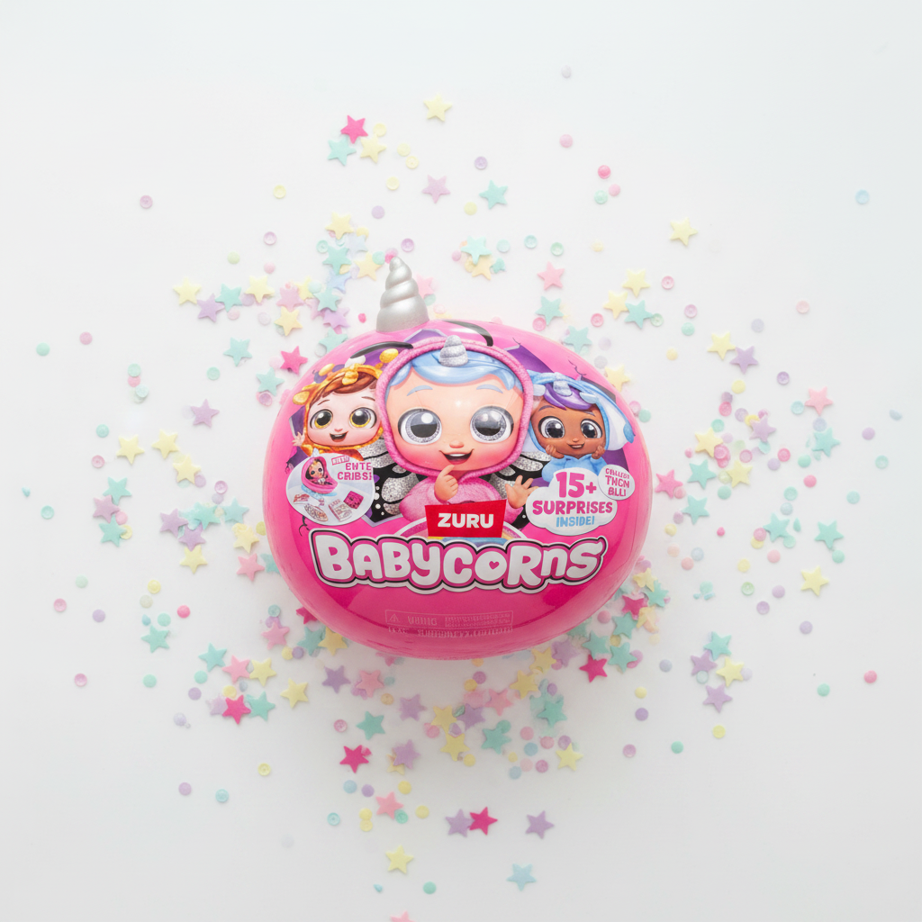 ZURU Babycorns pink surprise egg on white surface with colorful confetti and pastel star accents – More4less Outlet