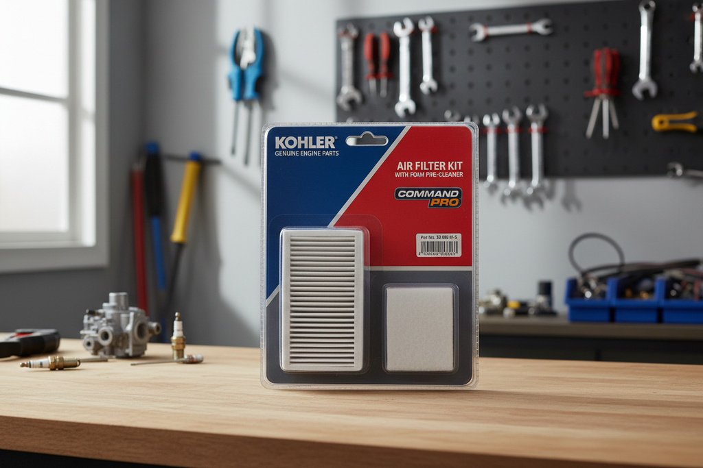 Kohler Genuine Air Filter Kit 47 883 03-S1 with foam pre-cleaner in original blister packaging on garage workbench