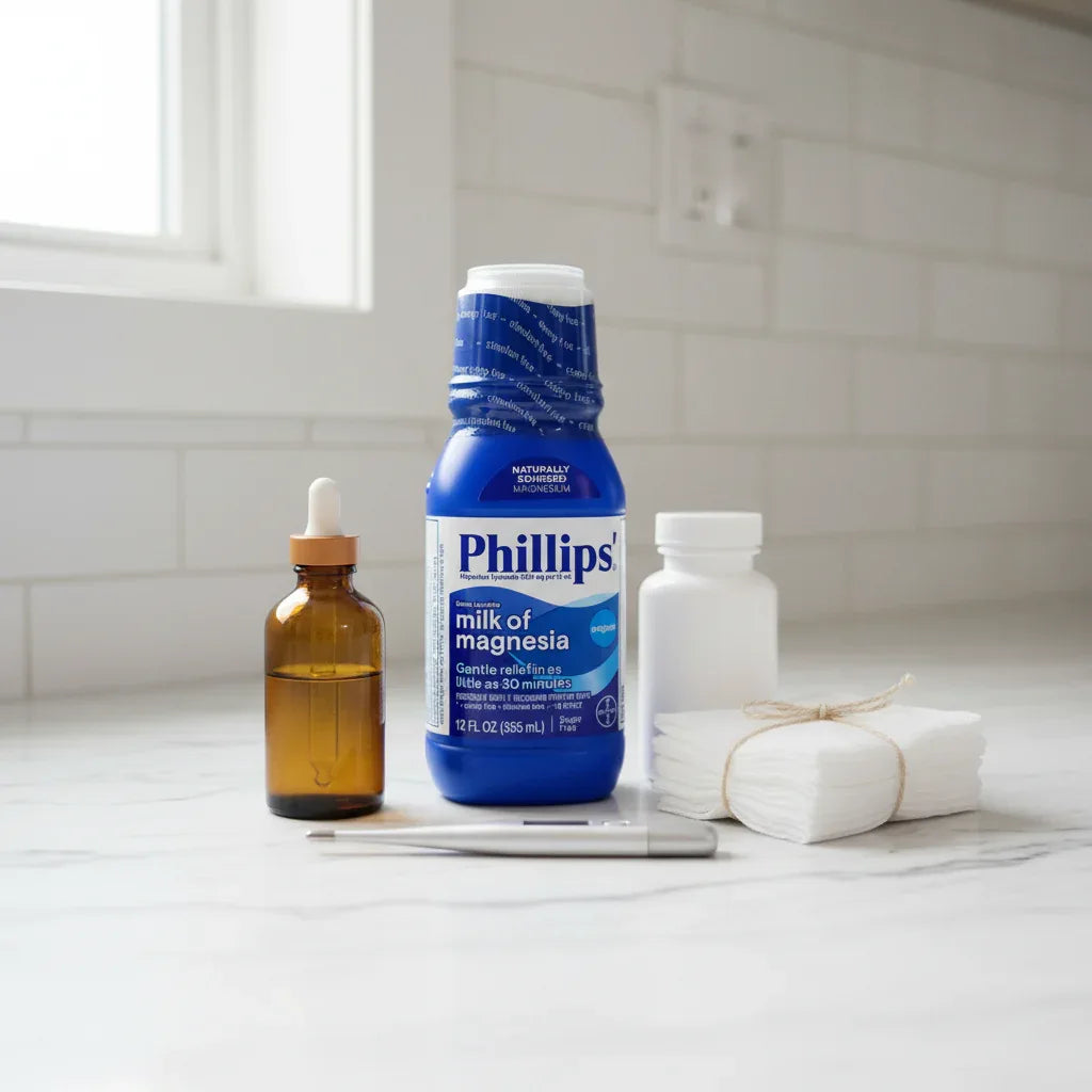 Balanced aesthetic of blue digestive health medicine bottle set in home health storage arrangement on neutral white marble counter