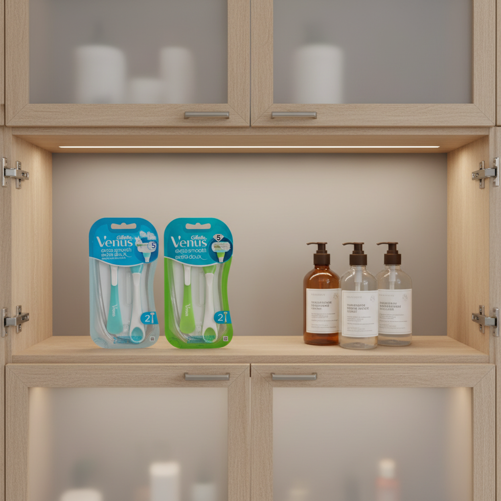 Gillette Venus Extra Smooth razors in bathroom cabinet on wooden shelf with apothecary jars