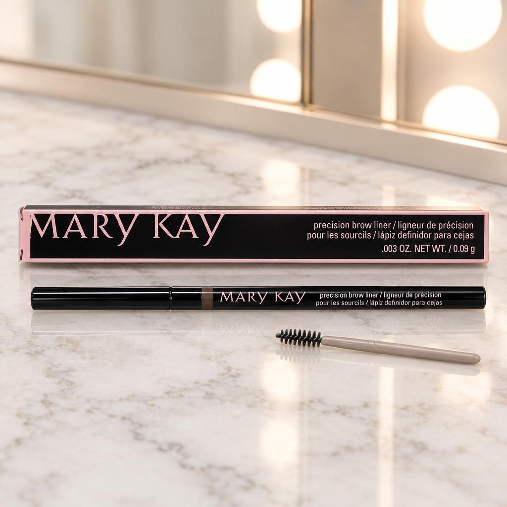 Mary Kay Precision Brow Liner pencil and retail box on a light vanity with a spoolie