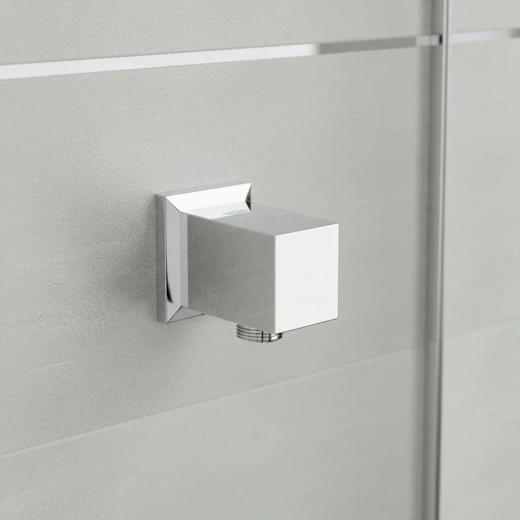 Clean bathroom wall aesthetic showcasing polished chrome Grohe shower hardware connection elbow