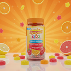 Emergen-C Kidz Gummies orange editorial with scattered gummies and citrus slices – More4less Outlet