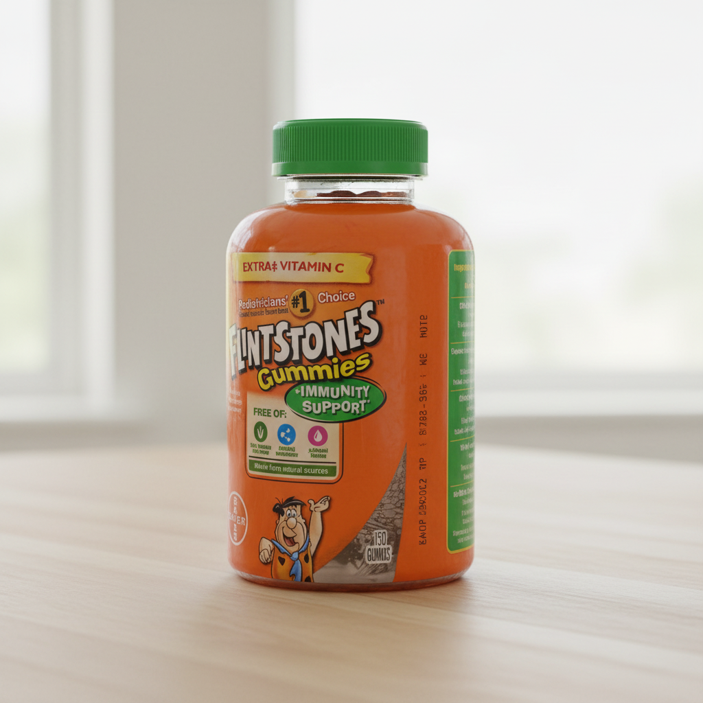 Flintstones Gummies Plus Immunity Support 150-count bottle on a light wood surface