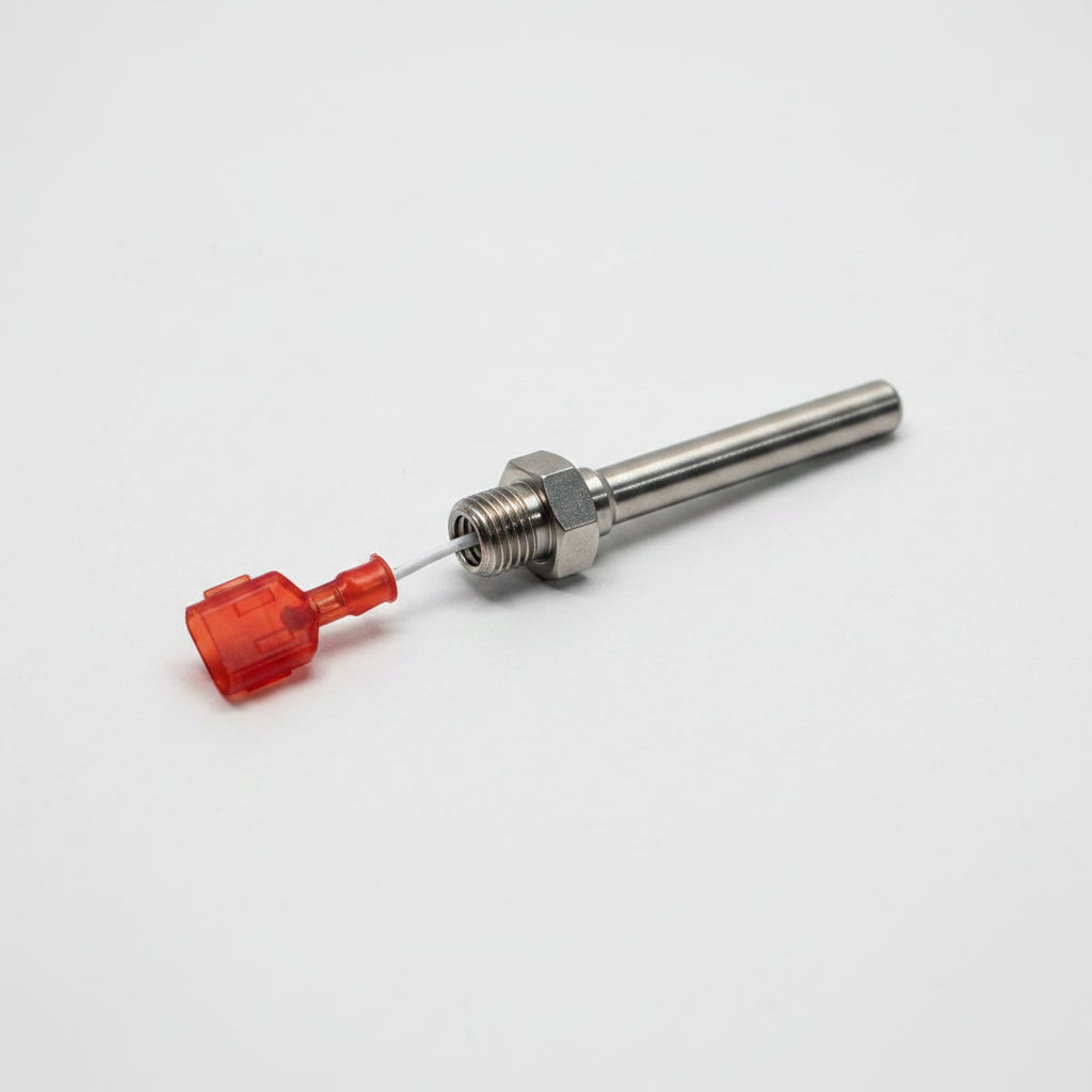 Close-up detail of 42002-0024S stack flue sensor showing threaded stainless probe hex nut and red connector
