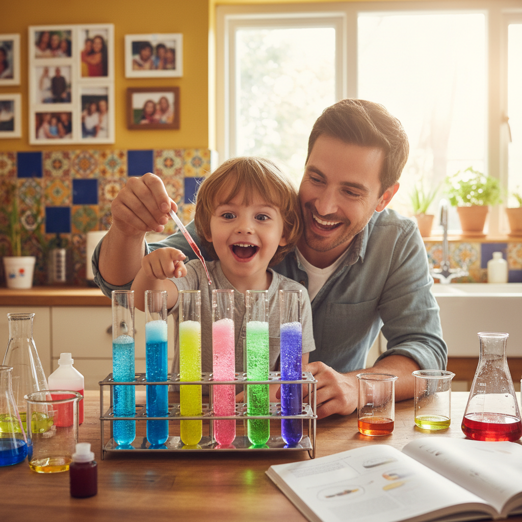 Parent and child doing color-changing liquid science experiment together at home — Scientific Explorer STEM kit — More4less Outlet
