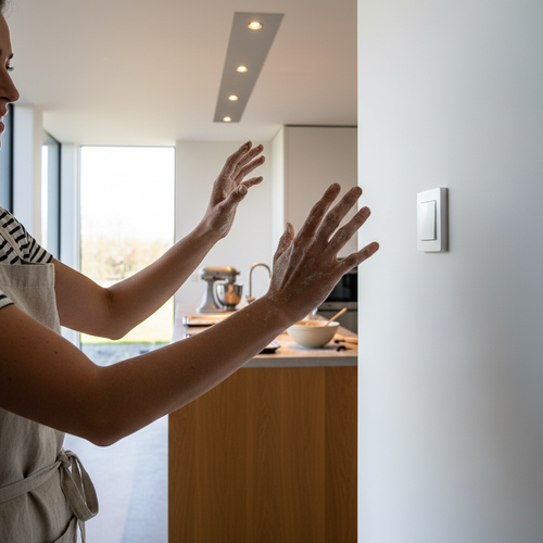 Person with messy baking hands waving at white wall switch in sunlit kitchen