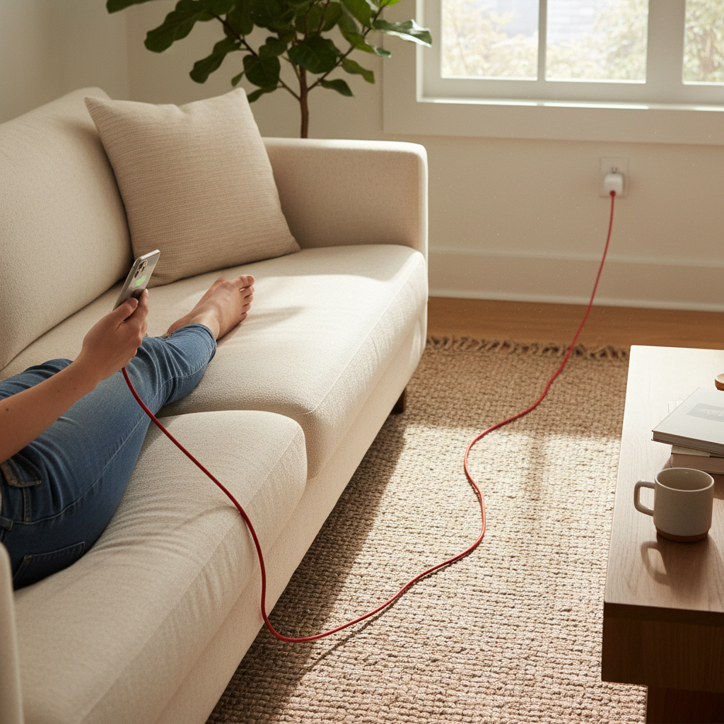 Person charging iPhone on couch with a long red flat braided USB cable reaching across the room