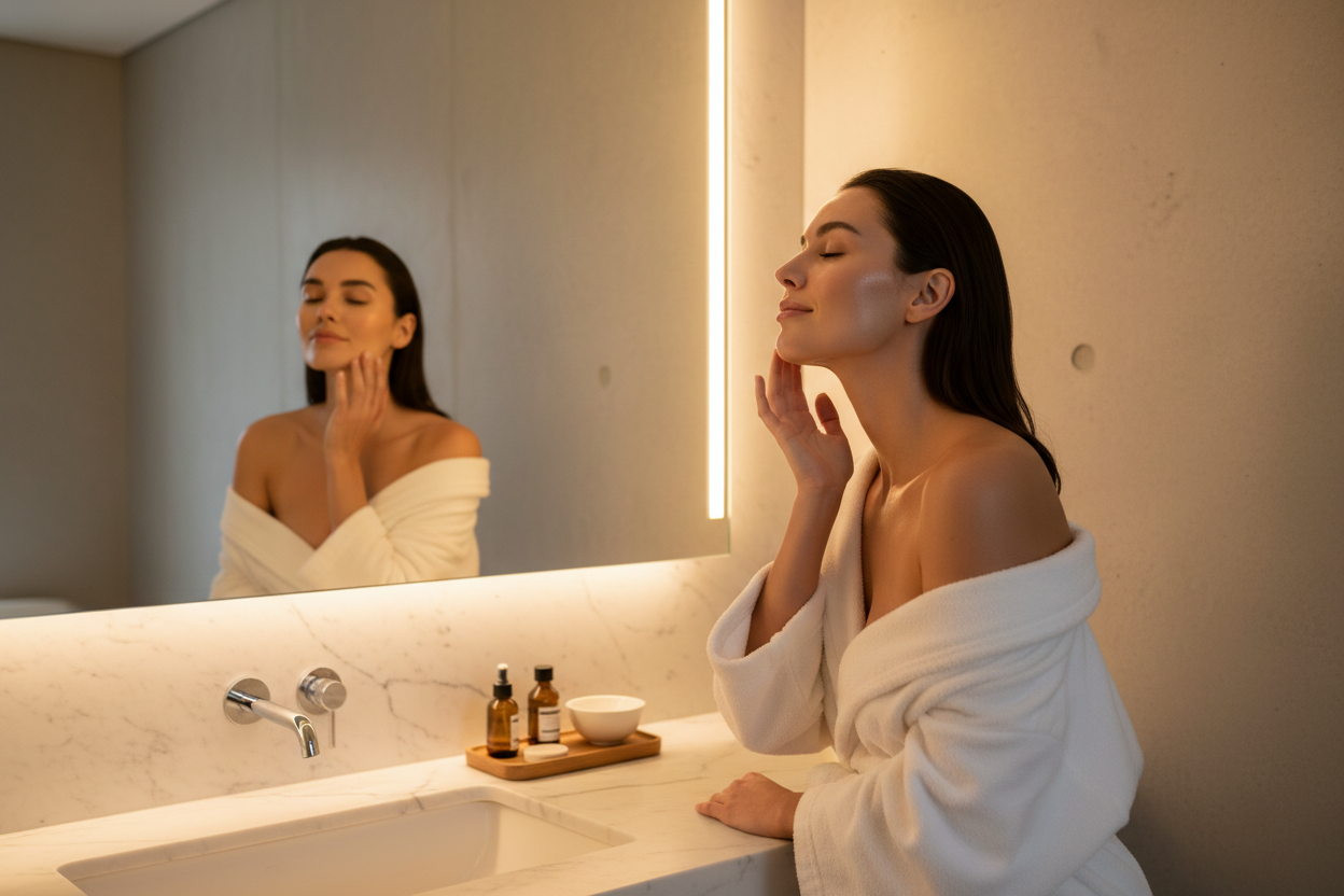 Woman with glowing radiant skin touching cheek in bathroom mirror after skincare routine