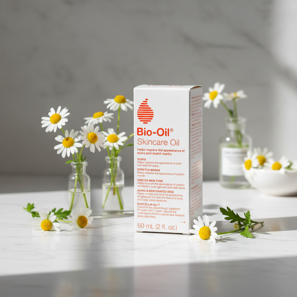 Bio-Oil Skincare Oil box on white marble vanity with soft morning light and delicate chamomile flowers – More4less Outlet