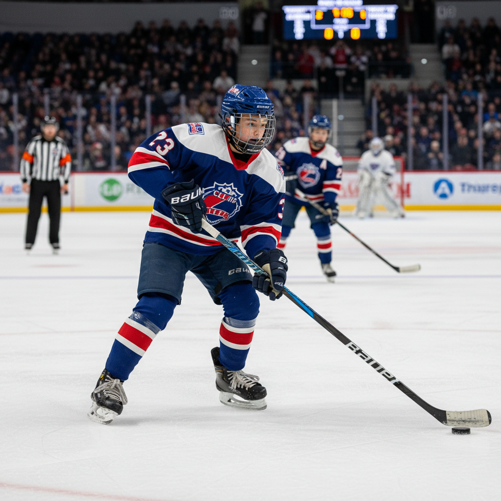 Youth hockey player wearing protective mouthguard during game