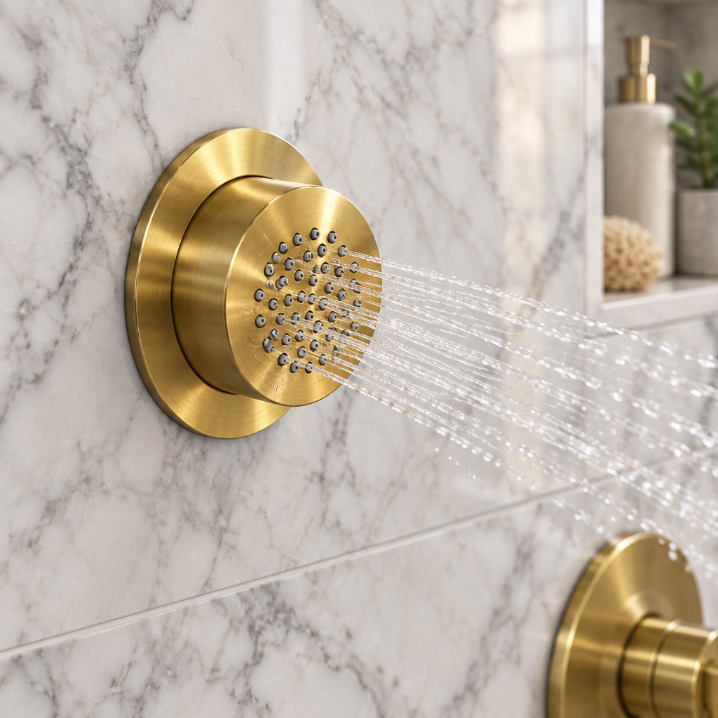 Moen Mosaic brushed gold body spray installed on a marble shower wall