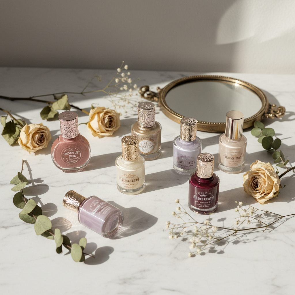 Elegant flat lay of vintage nail polish bottles on white marble surface — Mary Kay In A Flash Nail Enamel lifestyle — More4less Outlet