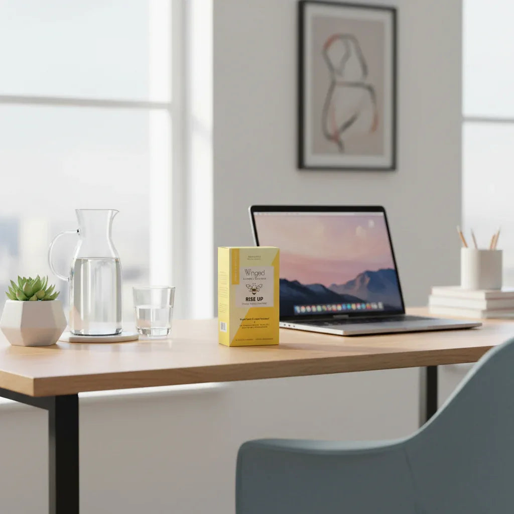 Winged Rise Up gummies yellow box on home office desk with morning light lifestyle image