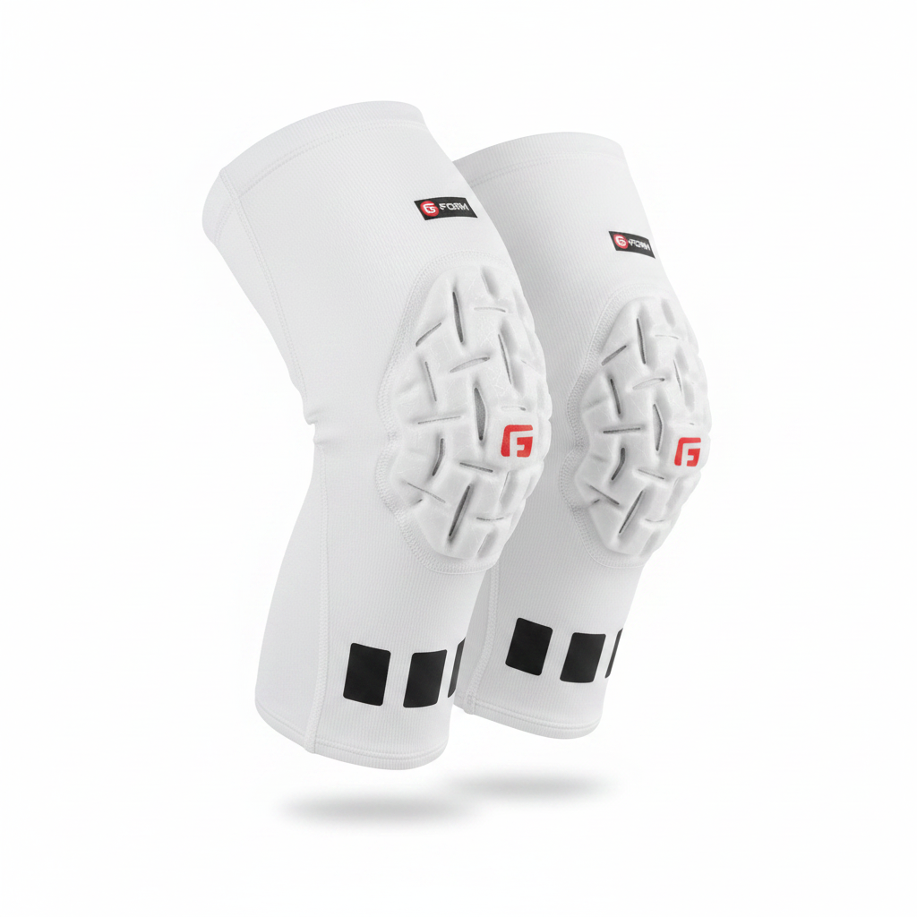 Close-up detail of G-Form Pro Knee Sleeves SmartFlex Stretch pad texture on white studio background