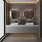 Contemporary master bathroom with matte black bath hardware and ambient light on dark grey tile