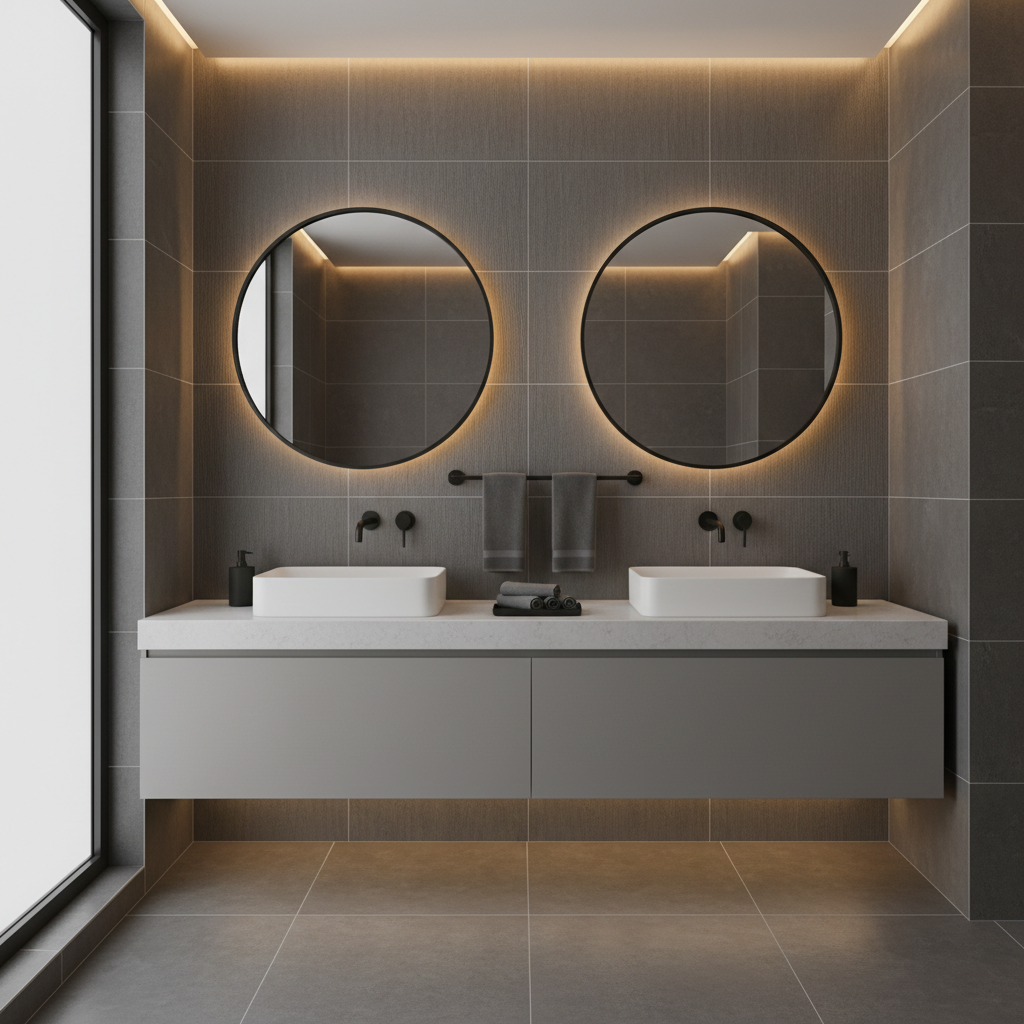 Contemporary master bathroom with matte black bath hardware and ambient light on dark grey tile
