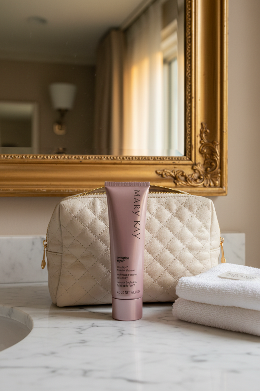 Mary Kay TimeWise Repair Volu-Firm Foaming Cleanser 4.5 oz in travel bag on hotel bathroom counter – More4less Outlet