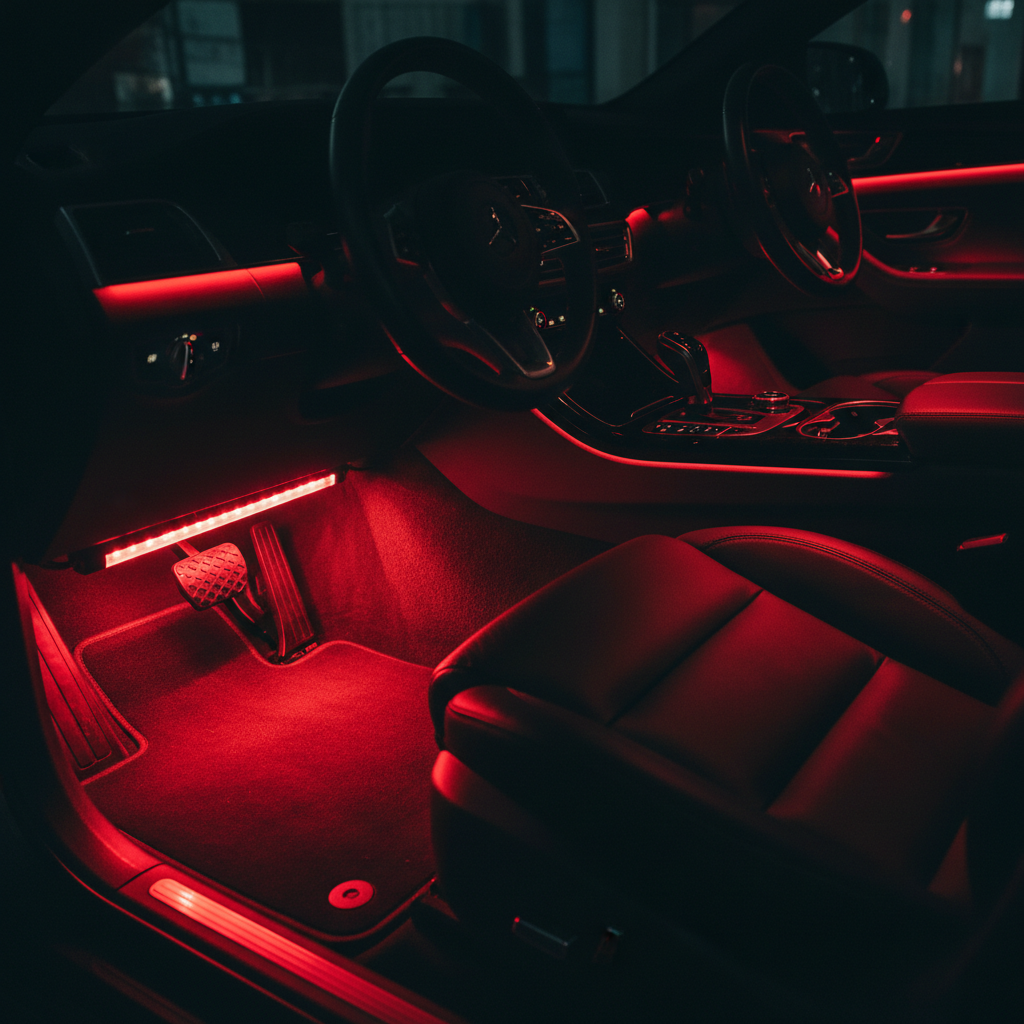 Crystal LED tube light bars glowing red under car seats dark vehicle interior vibrant red ambient accent lighting automotive customization - More4less Outlet