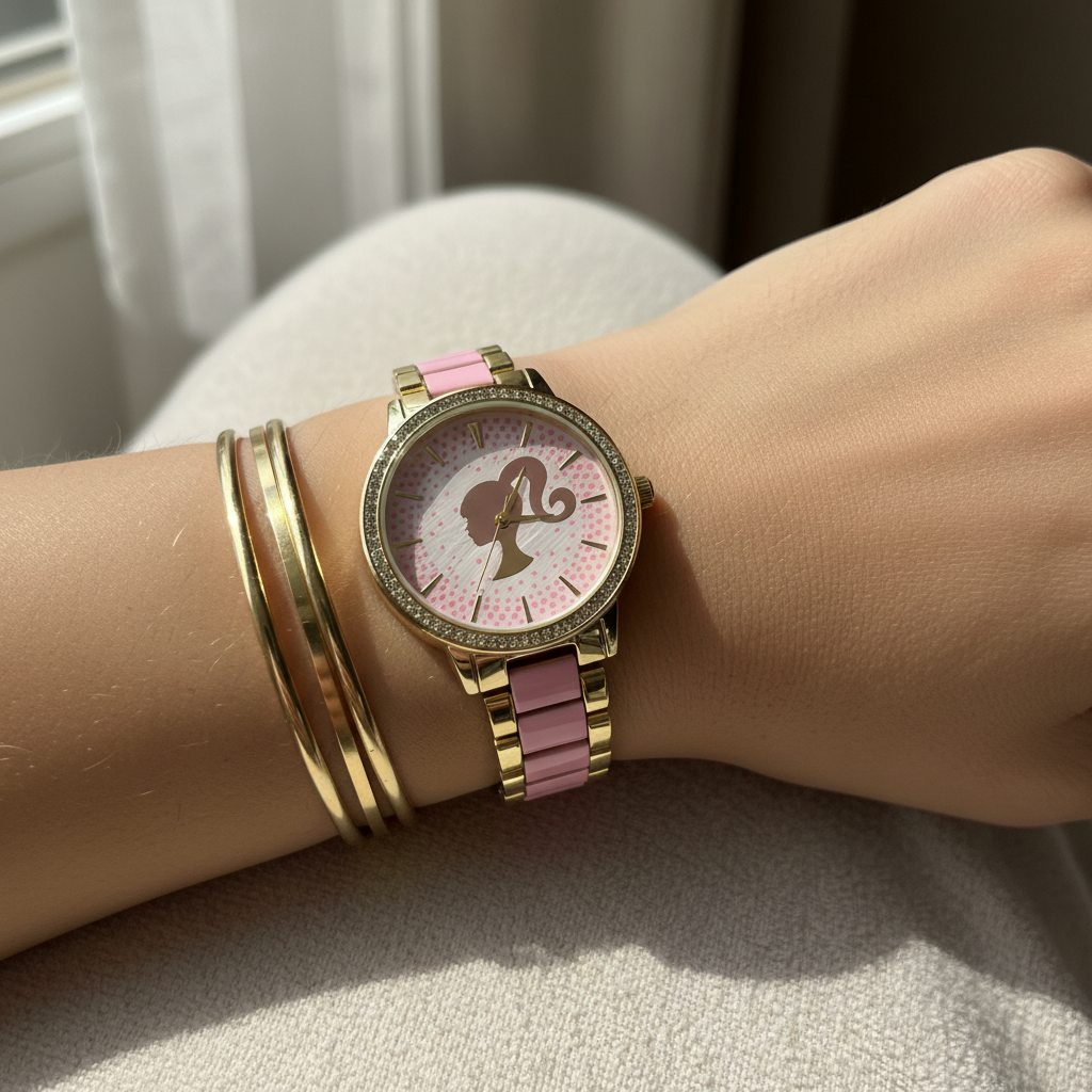 Close-up of woman's wrist with crystal bezel Barbie watch on two-tone pink and gold link bracelet with gold bangles