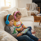 Two young children boy and girl wearing colorful over-ear wired headphones together on couch watching kids show on tablet