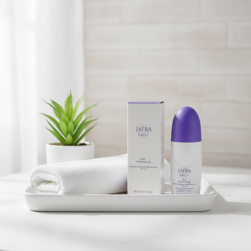 JAFRA Daily Antiperspirant Roll-On on vanity tray with botanical plant – More4less Outlet