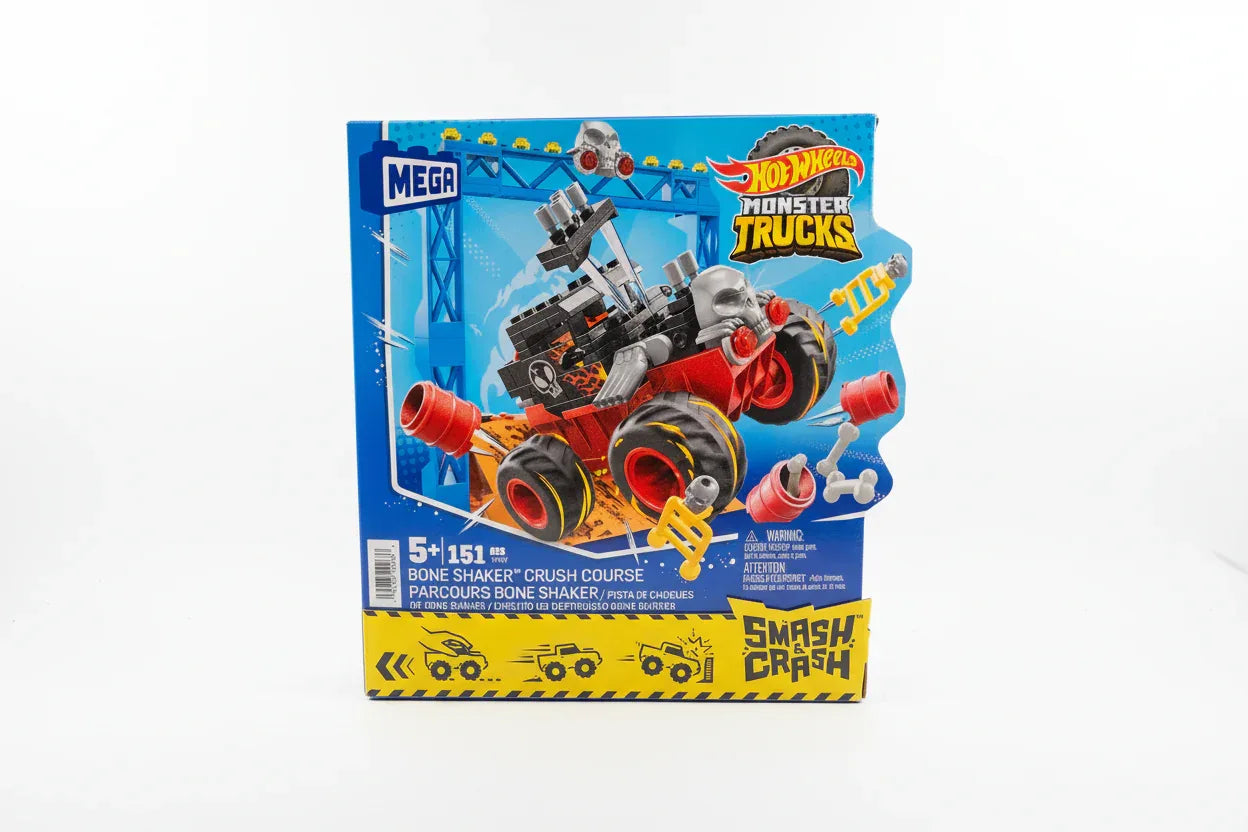 White studio backdrop highlighting Mega Hot Wheels Bone Shaker Crush Course retail box