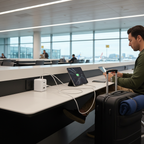 Traveler at airport gate charging iPhone and tablet simultaneously with white braided USB-C cables