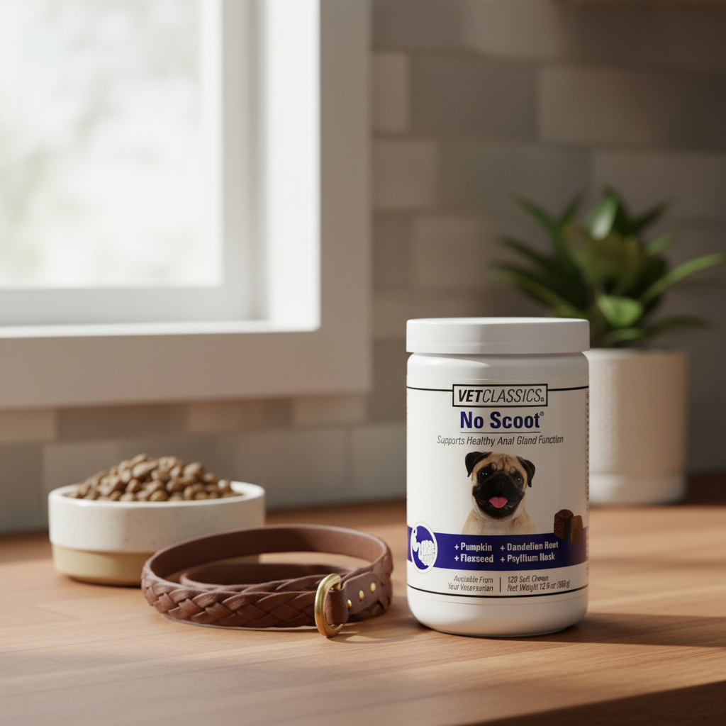 VetClassics No Scoot supplement tub on kitchen counter next to dog food bowl and leash