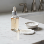 Clear liquid exfoliating toner bottle on marble counter with cotton pad lifestyle photo