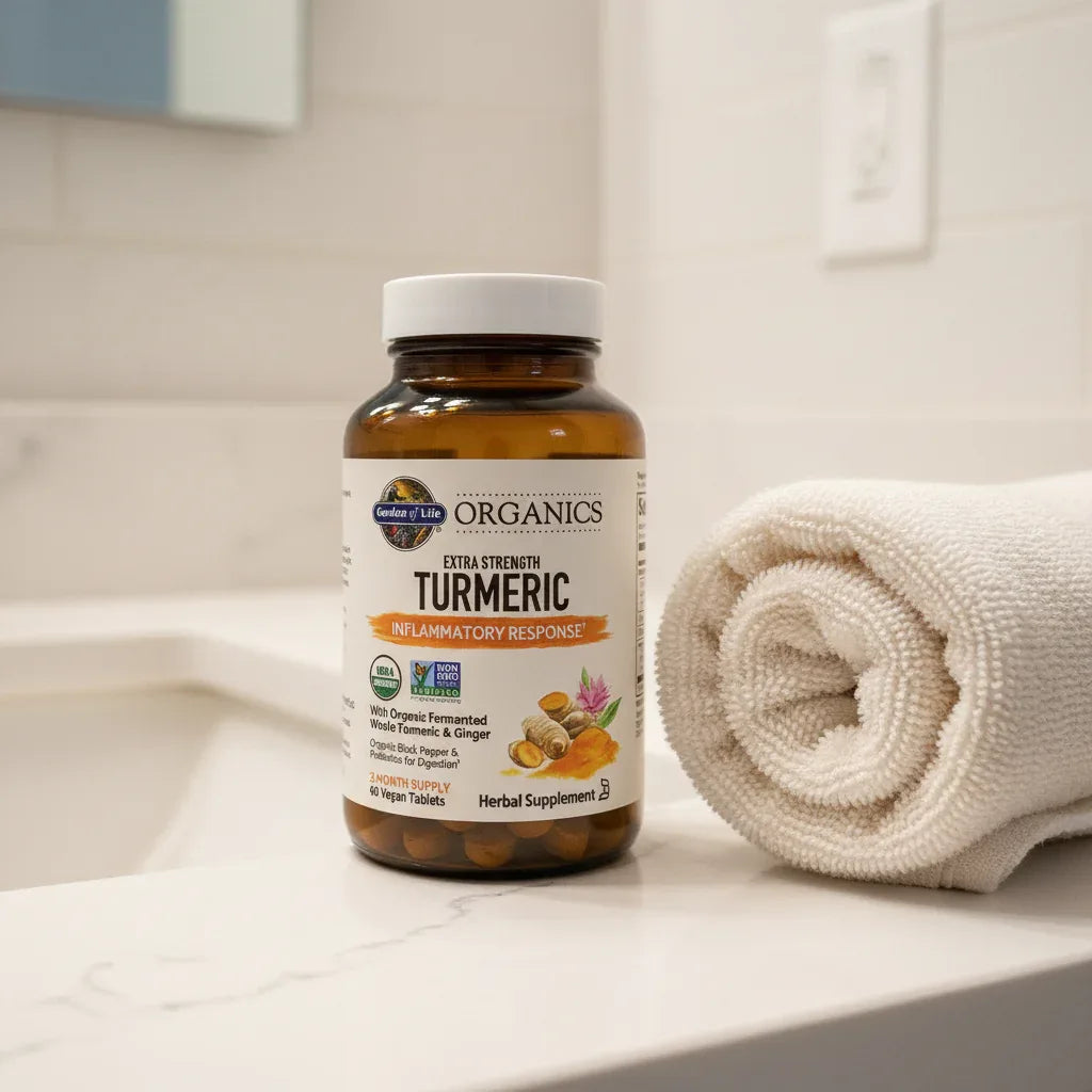 Garden of Life Extra Strength Turmeric amber bottle on white quartz bathroom vanity with rolled organic-cotton towel