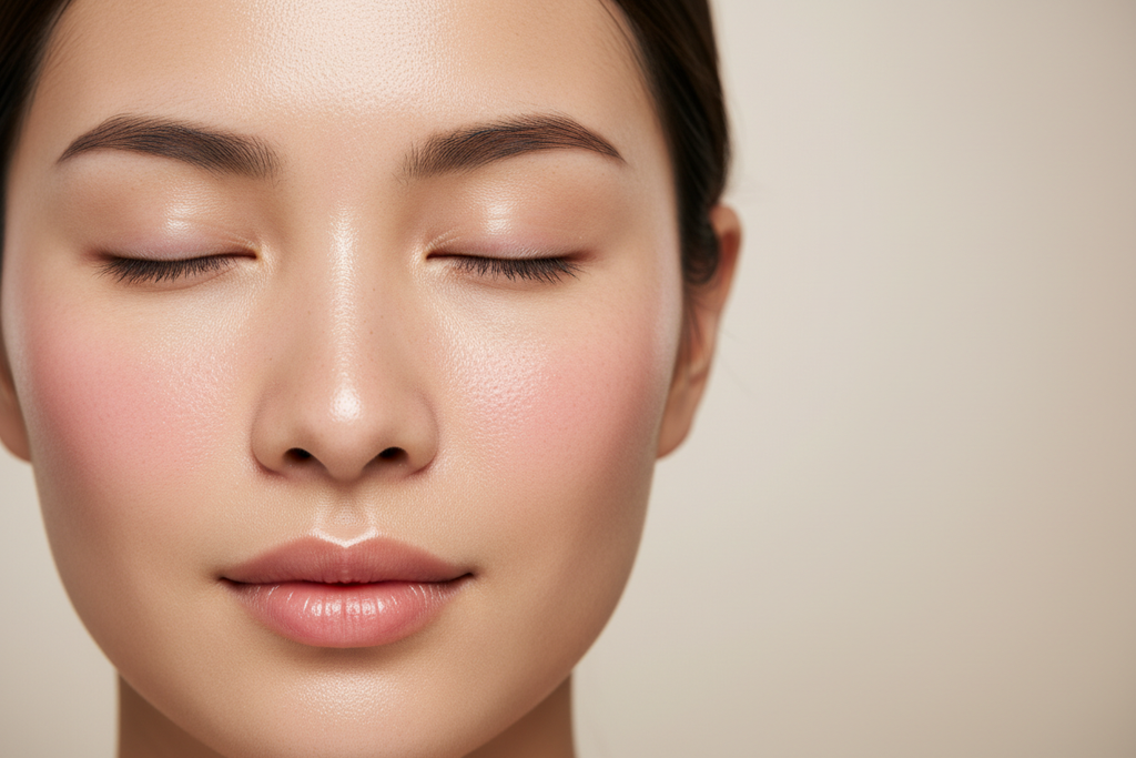 Close-up of woman's smooth radiant glowing skin with natural flush after clay mask treatment