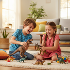 Two kids playing with dinosaur action figures on a living room carpet, laughing and staging a dino battle