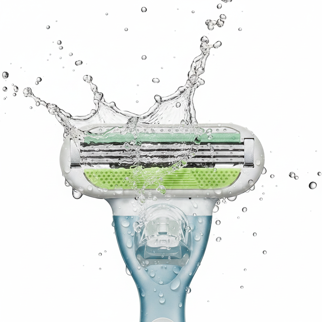 Macro shot of fresh water splashing against high-precision razor blades