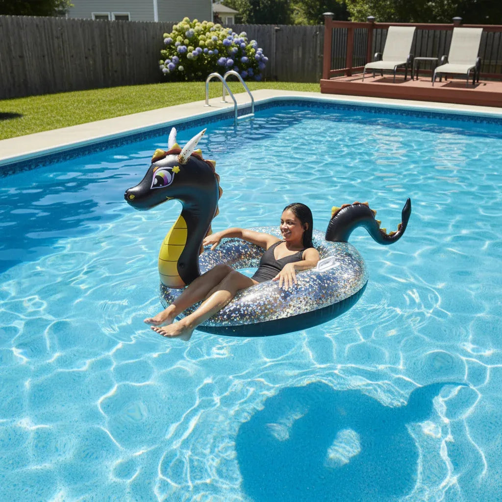 PoolCandy Glitter Dragon pool tube floating in sunny backyard swimming pool