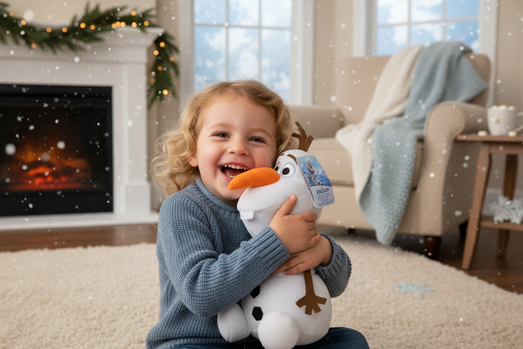 Child hugging Disney Frozen Olaf Laugh Shake Shimmy interactive plush in cozy living room – More4less Outlet