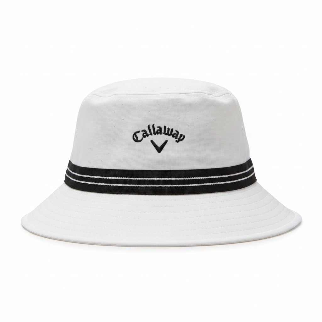 Callaway Golf white bucket hat close-up showing embroidered Callaway script logo and chevron on front crown with black striped ribbon band