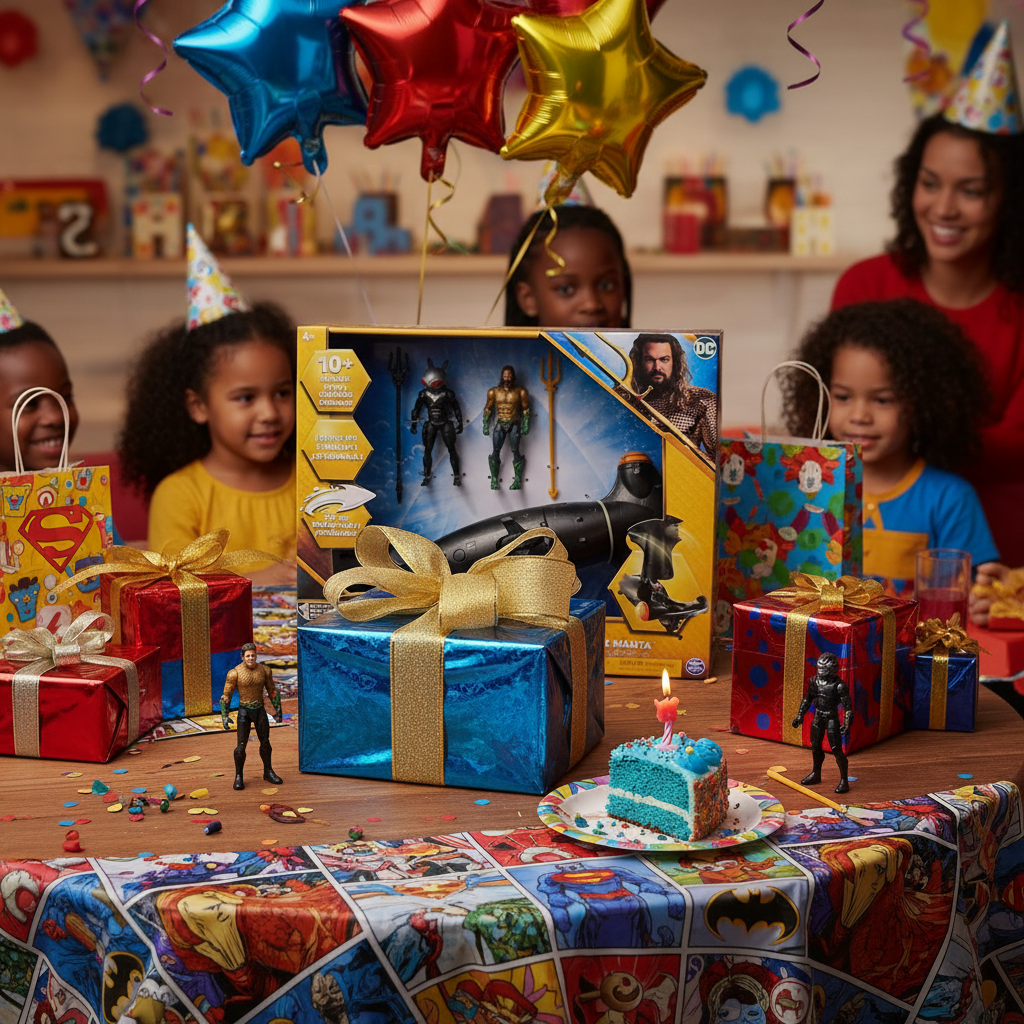 DC Aquaman vs Black Manta Battle Set toy in a gift box with ribbon on a birthday table with superhero decorations — More4less Outlet lifestyle image