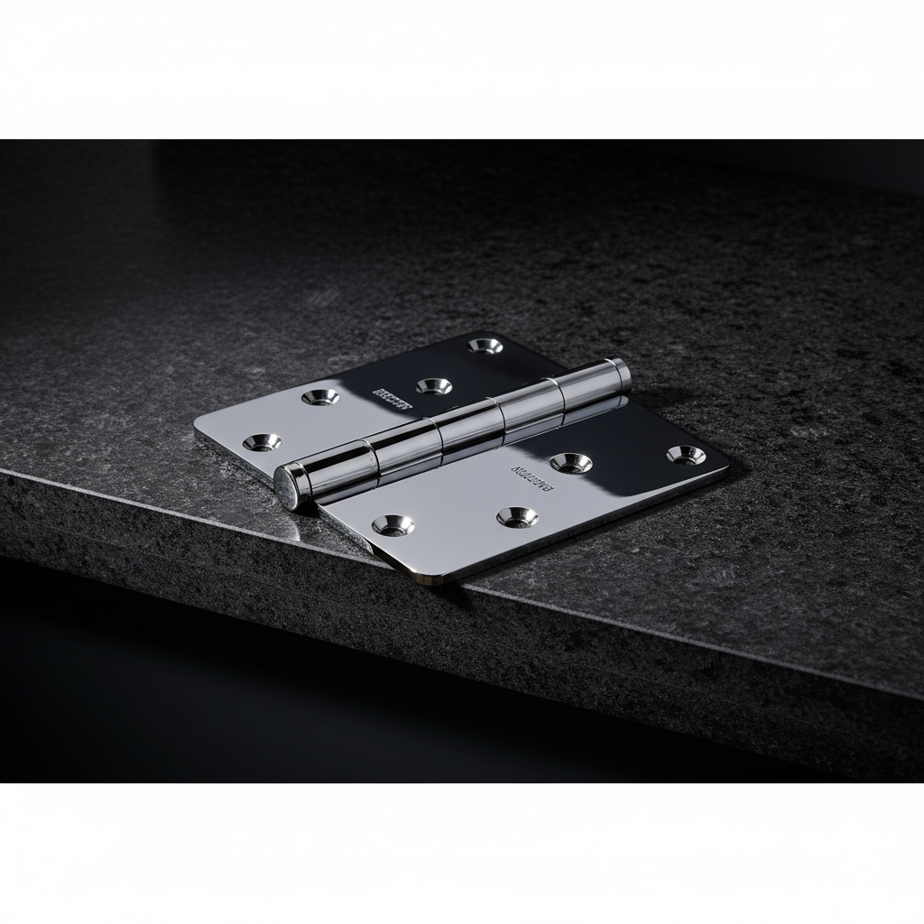 Baldwin polished chrome door hinge with button finials on dark charcoal granite ledge showcasing mirror finish