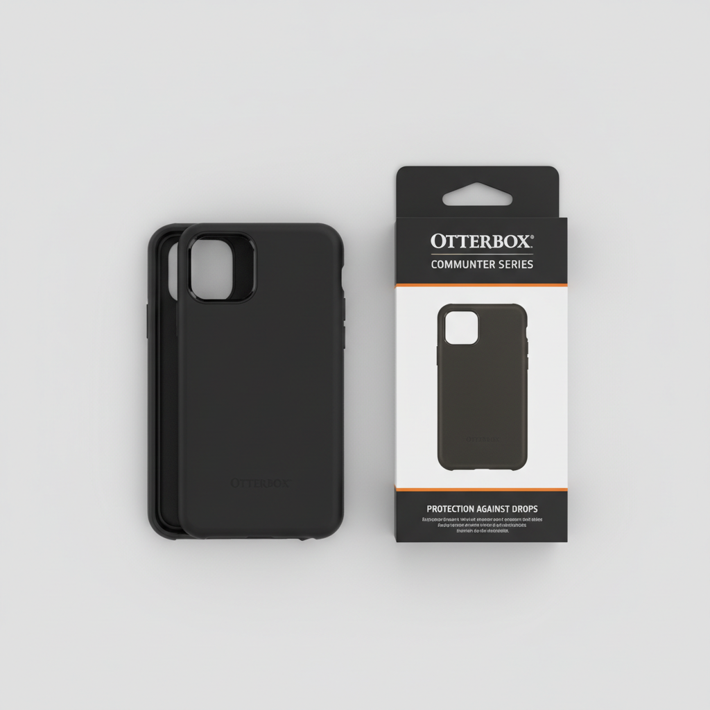 Overhead flat-lay of black OtterBox Commuter case beside retail box on neutral gray surface