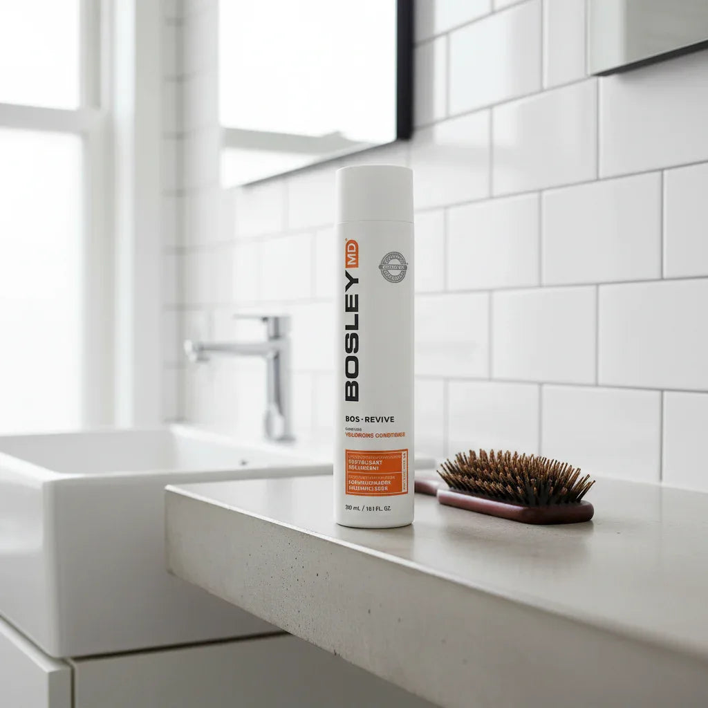 BosleyMD Bos-Revive Conditioner on minimalist vanity shelf in modern bathroom with high-end salon hairbrush