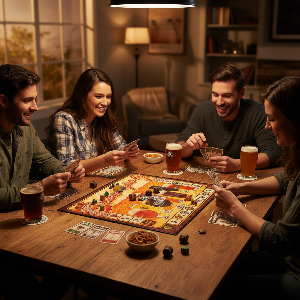 Brew-opoly Board Game open and being played with friends and craft beer pints - More4less Outlet
