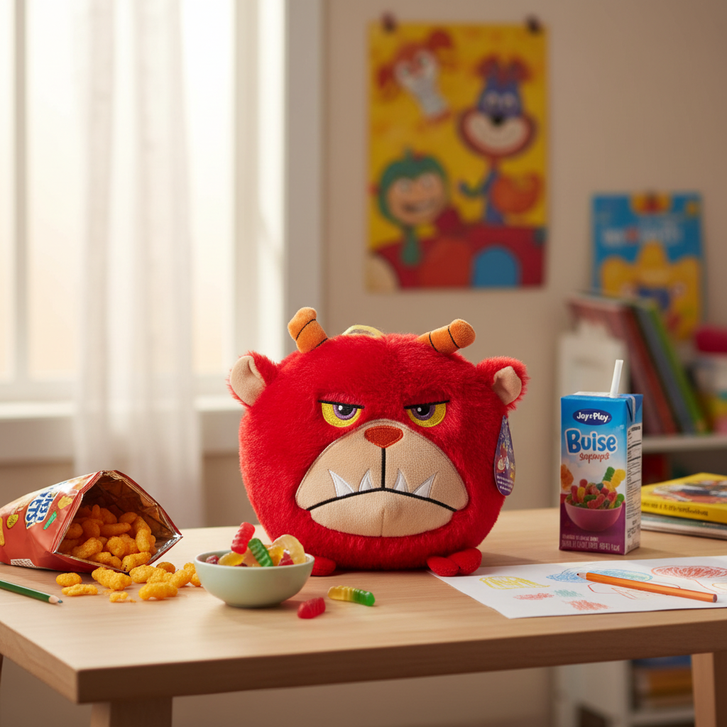 Jay at Play Hangry Petz Rogue Red Monster sitting on kids desk next to snacks looking grumpy and hungry - More4less Outlet