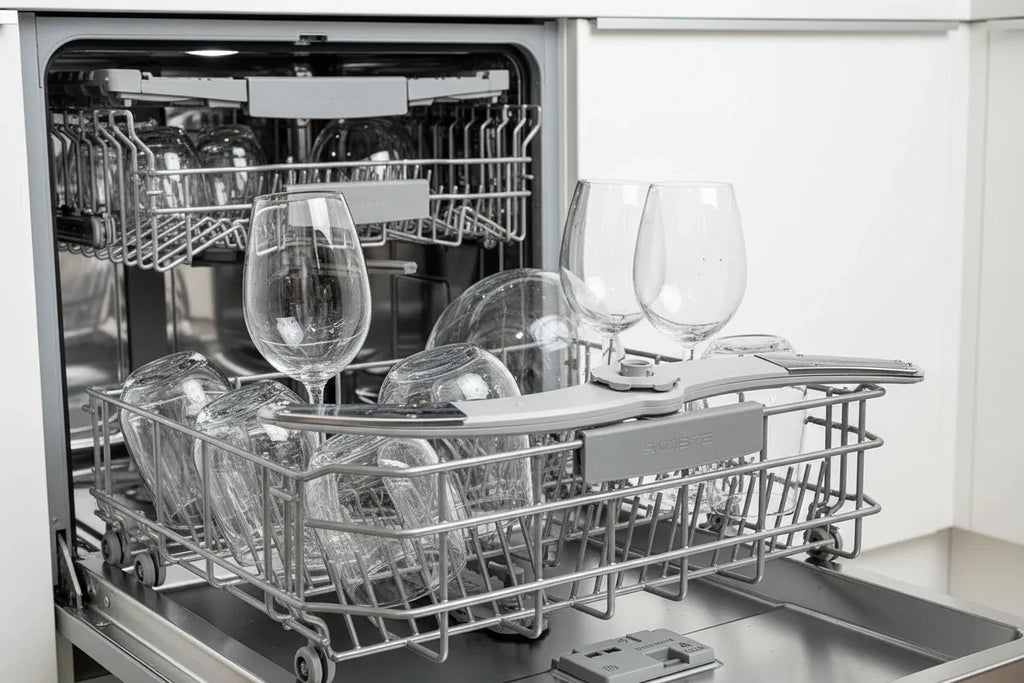 Modern stainless steel dishwasher rack loaded with sparkling clean glassware
