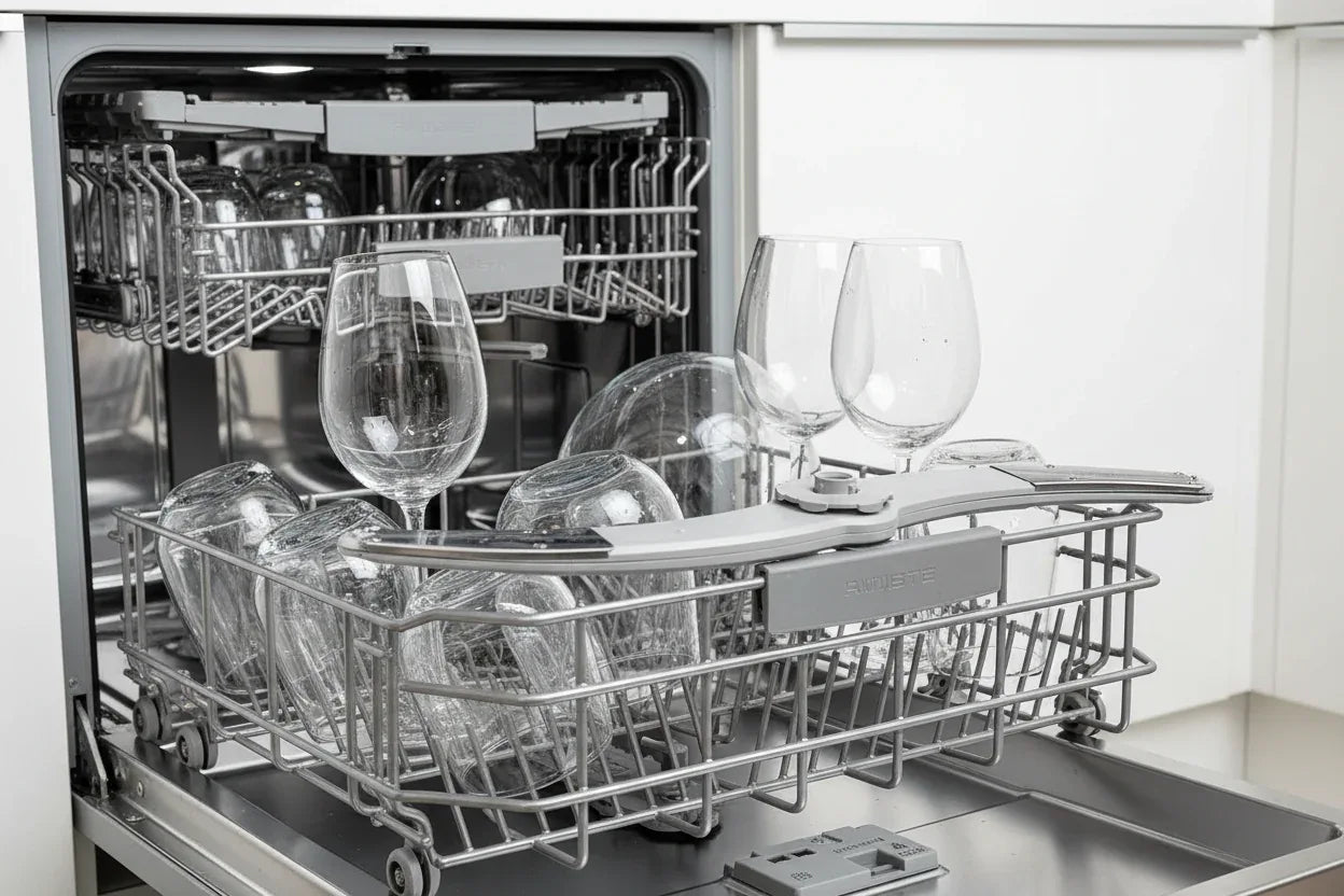 Modern stainless steel dishwasher rack loaded with sparkling clean glassware