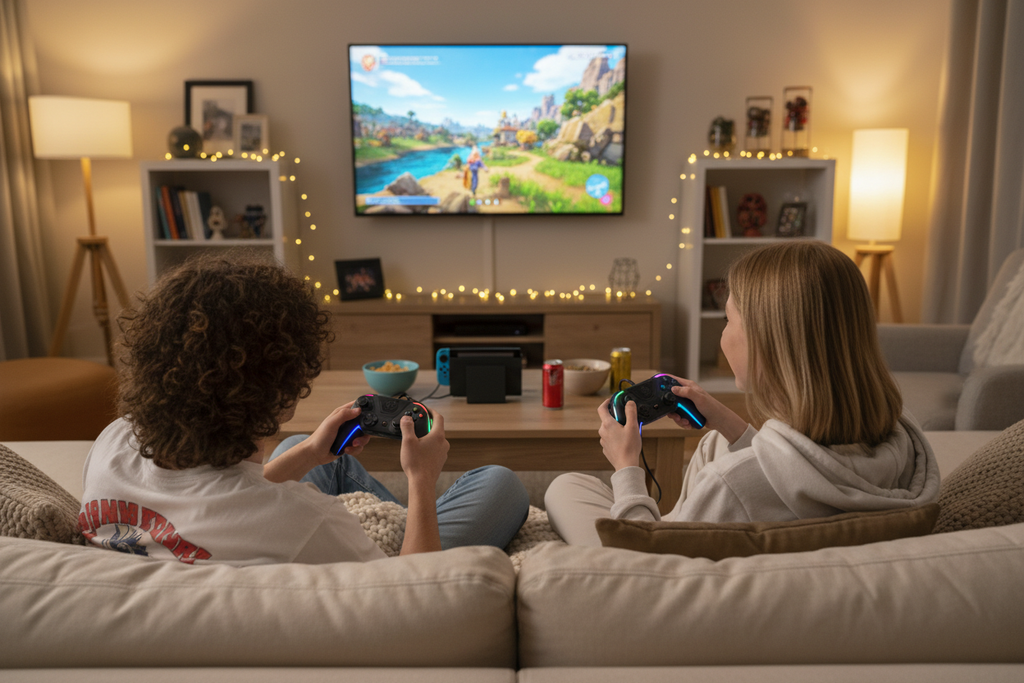 Two friends sitting on a couch playing Nintendo Switch together on a big screen TV holding PowerA Spectra wired controllers with colorful LED lighting